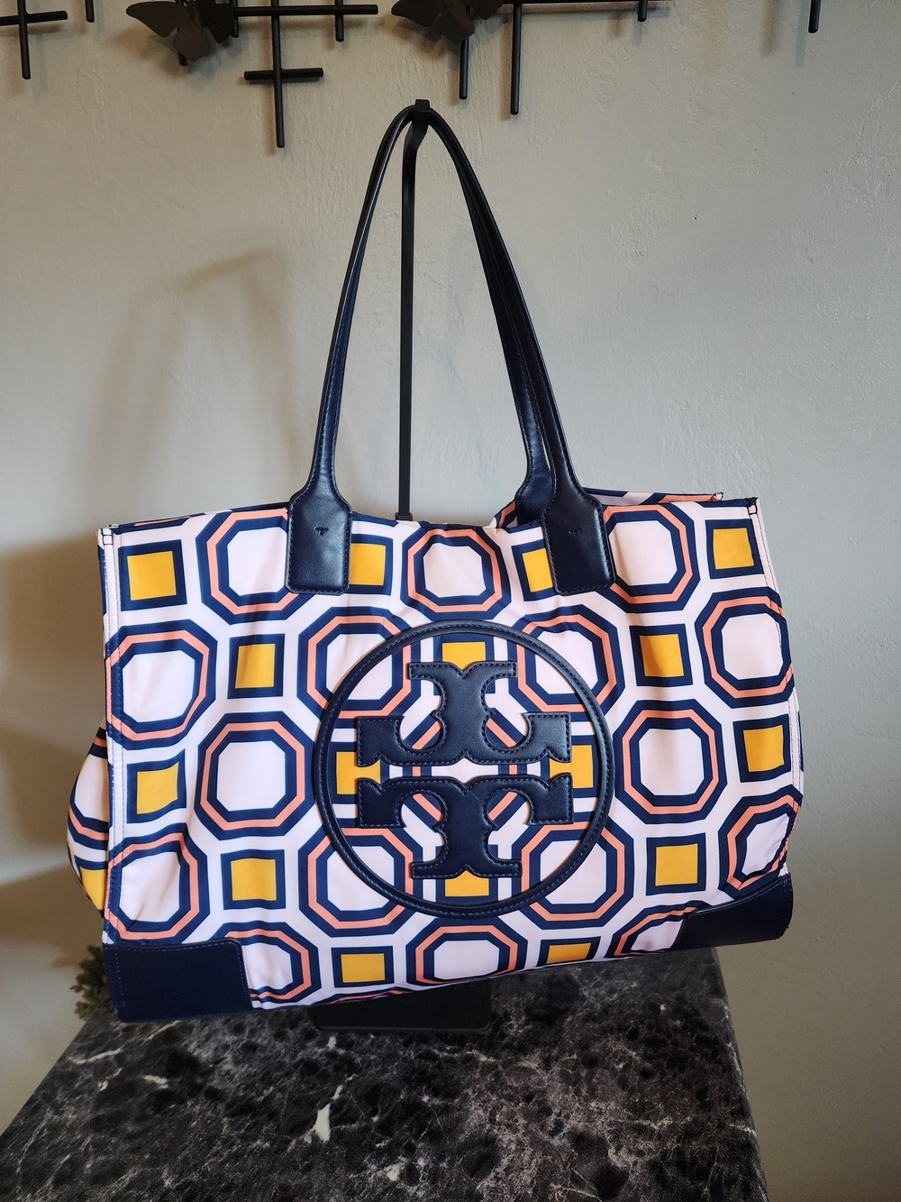 Tory Burch Peach And Navy Geometric Logo Tote Bag